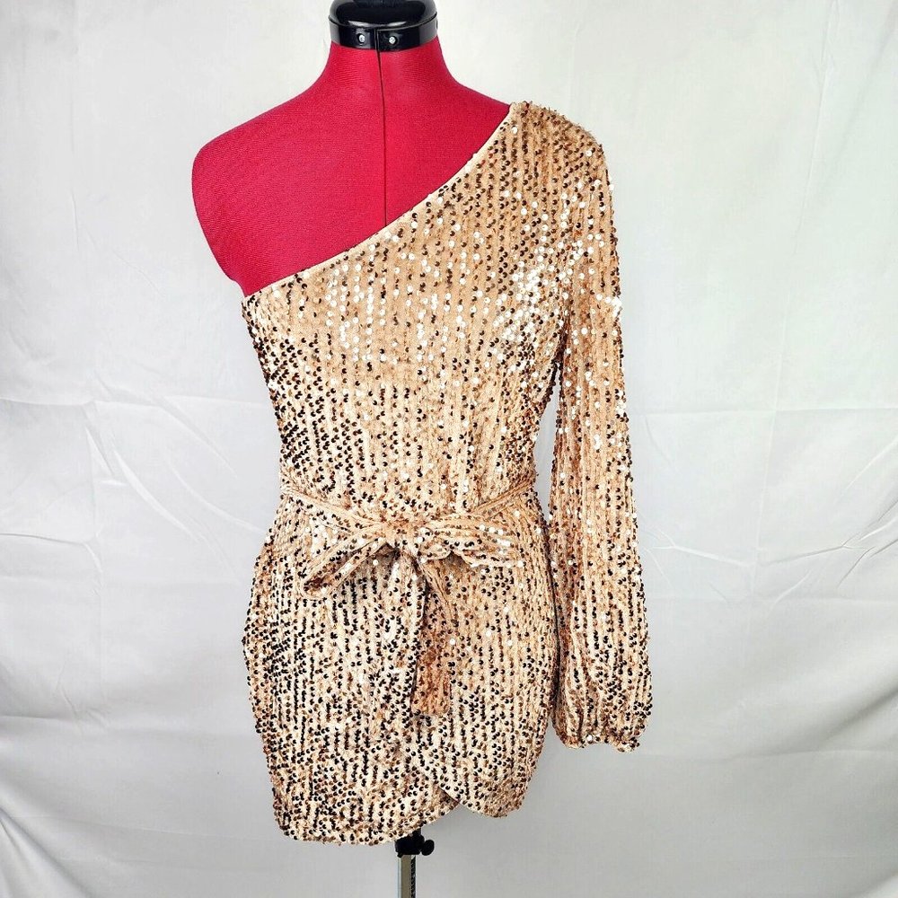 CBR Champagne Gold Velvet Short Length Long Sleeve One Shoulder Dress- L - NWOT